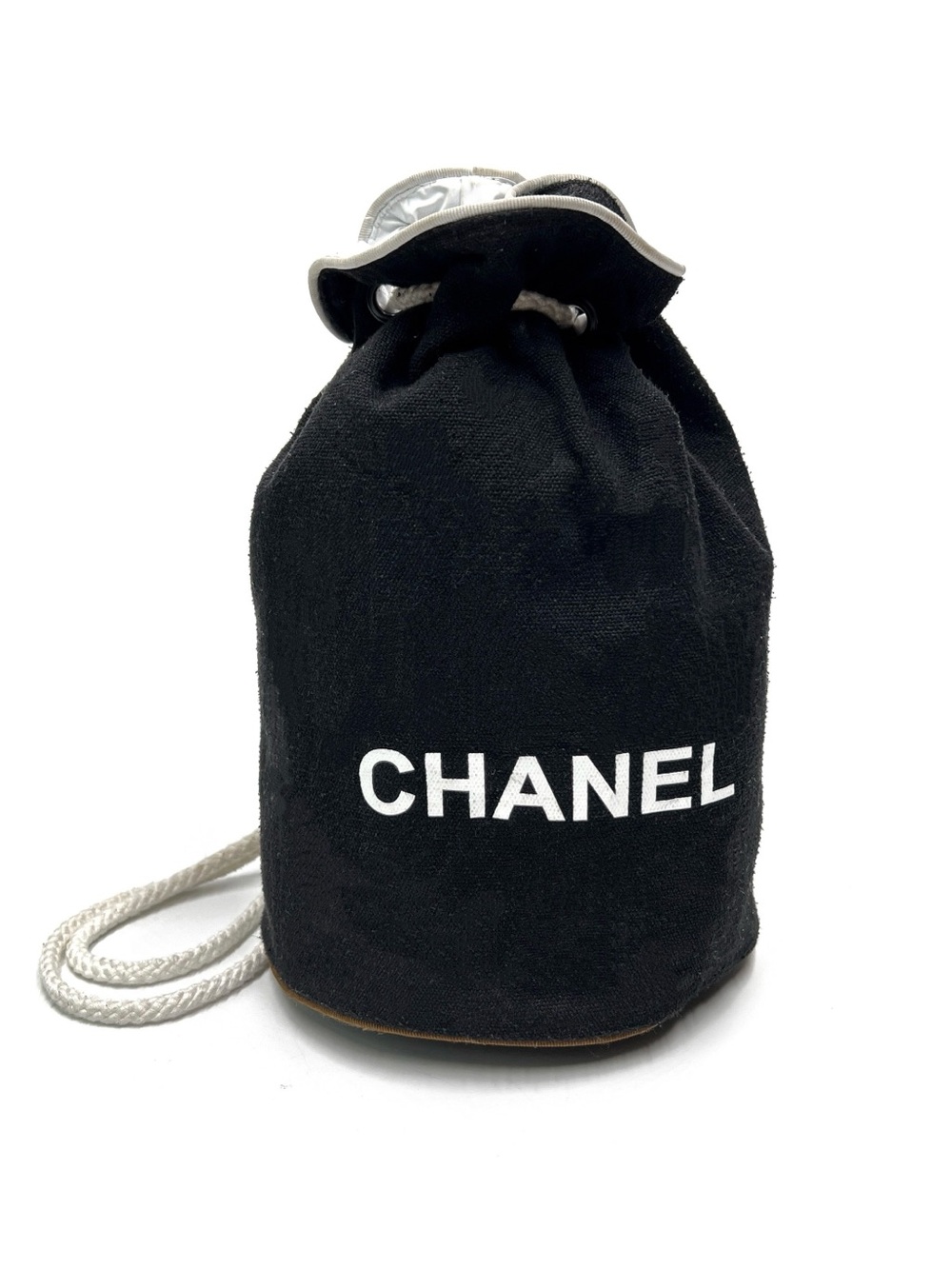 CHANEL White Logo-Print Drawstring Bucket Bag Cosmetic Case Makeup Storage Bag